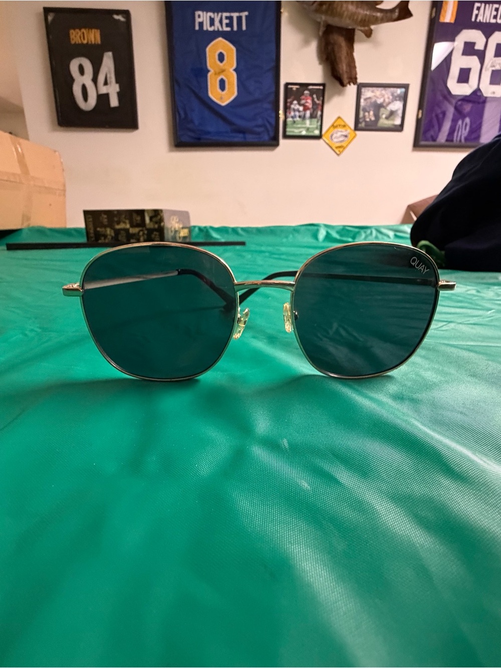 Quay Australia Sunglasses with Teal Lenses and Gold Frame